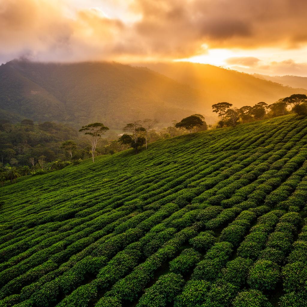 Costa Rican coffee plantation at sunrise with misty mountains