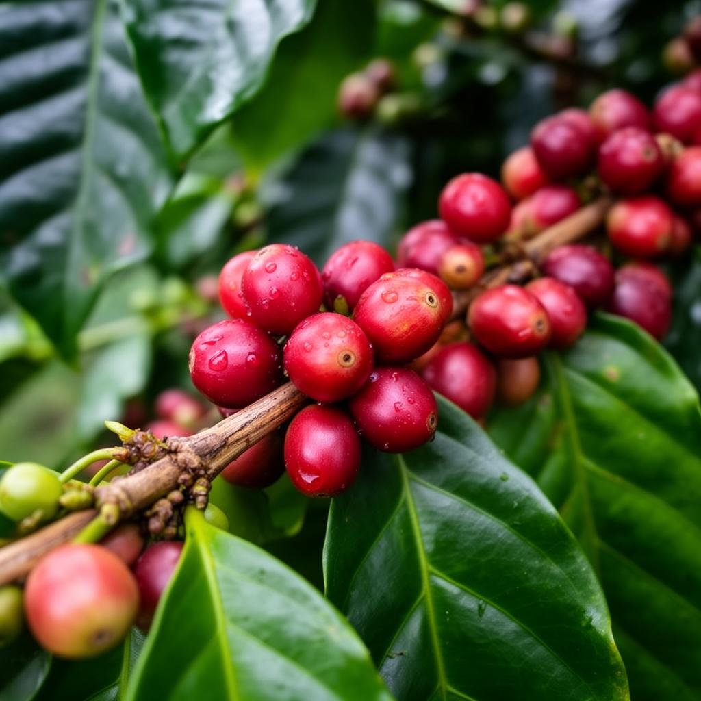Coffee cherry plants growing in the mountains of Copalchi, Costa Rica